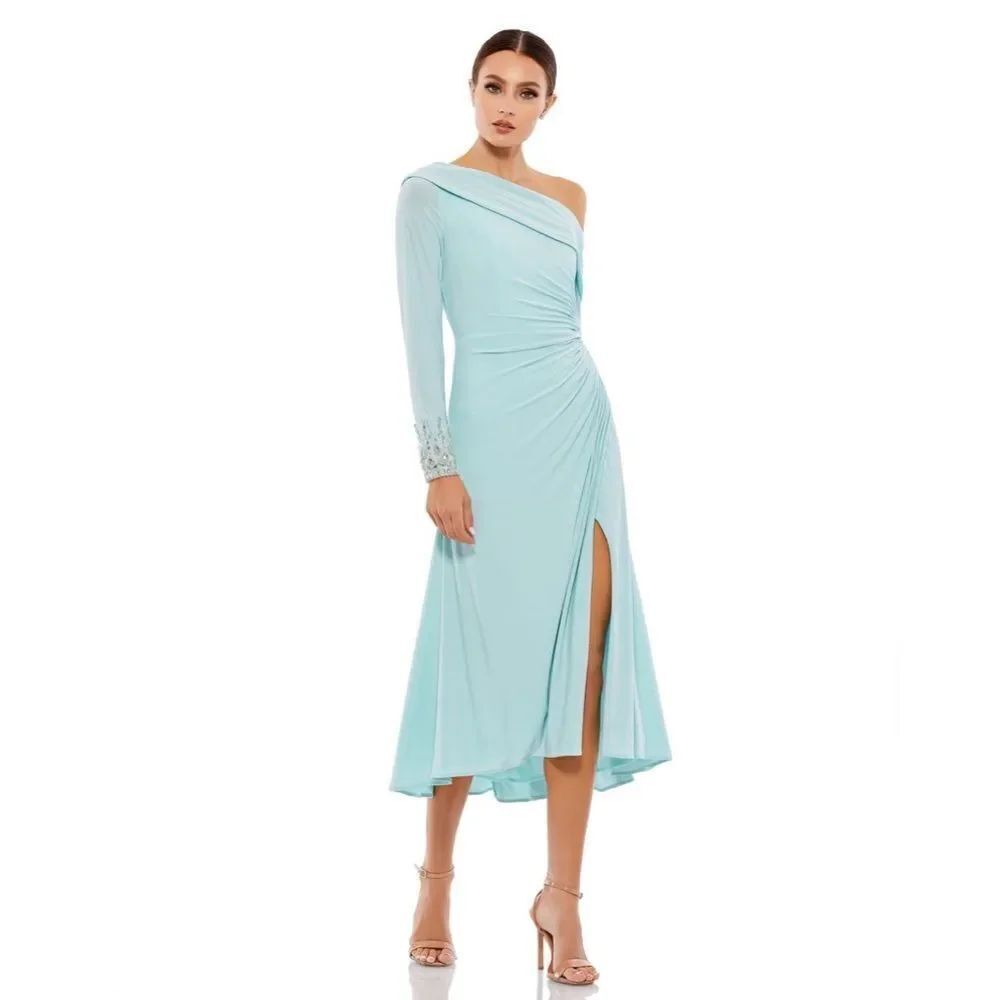 Mac Duggal 26485 Blue Foldover Long Sleeve Jeweled Midi Dress